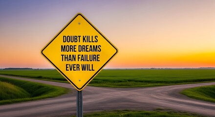 Yellow diamond warning sign with inspirational quote about overcoming doubt at a crossroads at sunset