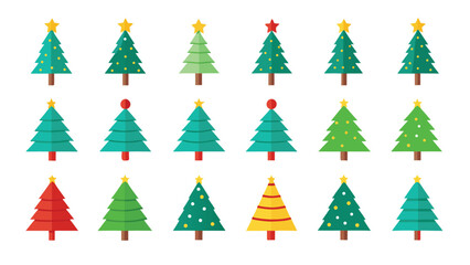 Collection of Festive Christmas Trees in Various Styles and Colors Flat Design