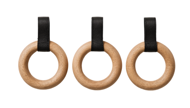 Three light brown wooden rings, each with a black leather strap