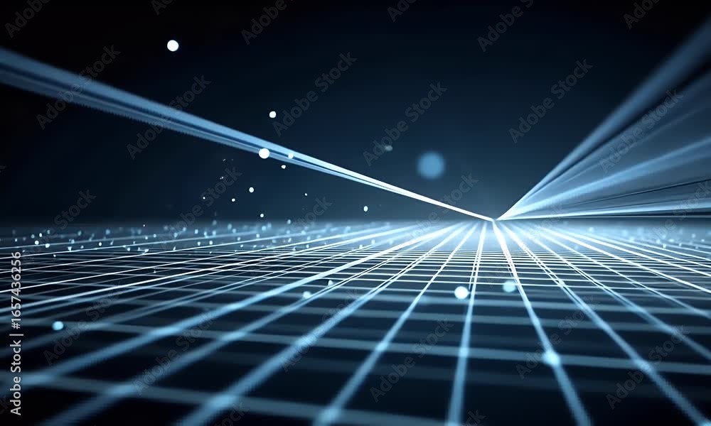 Poster abstract blue digital grid background with light rays and glow effect for technology, science or fut