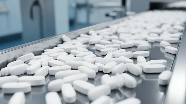 White oval pills moving along a conveyor belt in a pharmaceutical manufacturing facility, representing mass production of medication