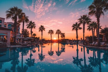 Obraz premium Tropical resort pool at sunset. Vibrant colors reflect in still water. Palm trees line the edge of the pool area. Modern buildings create a vacation feel