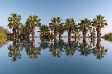 Obraz premium Palm trees reflected in a pool, tranquil scene