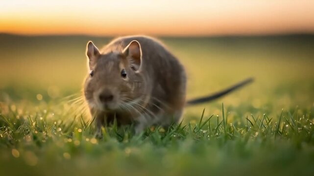 Cute Degu Rodent Sitting in Grass at Sunset