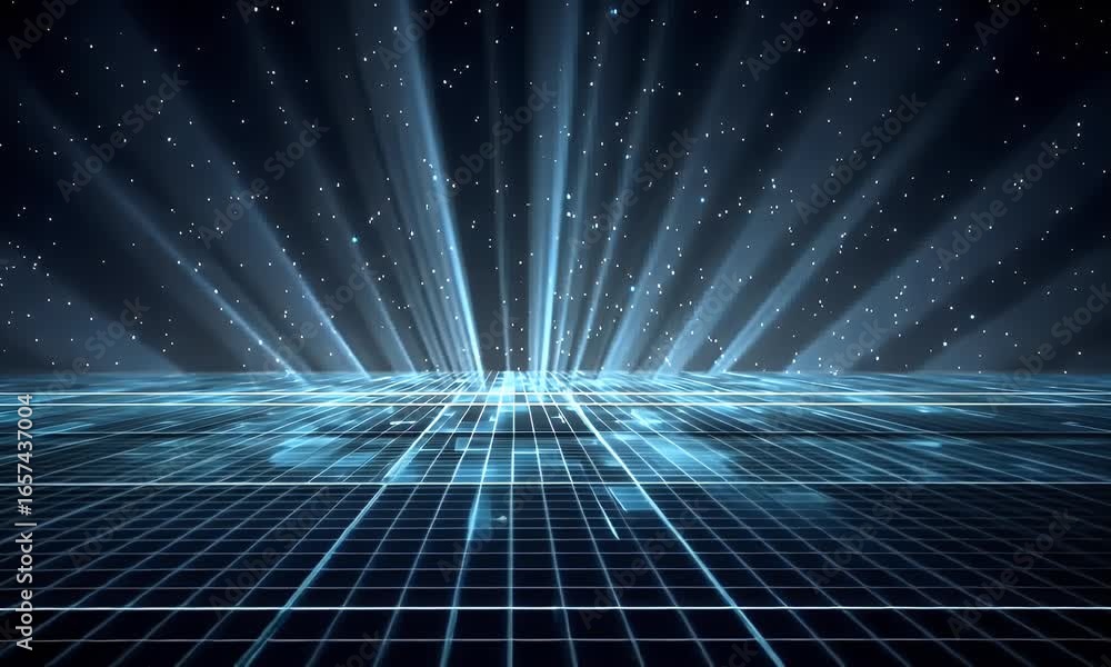 Poster abstract blue digital grid background with light rays and glow effect for technology, science or fut