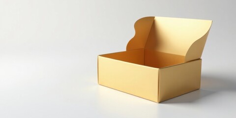 A Partially Opened Golden Cardboard Box on a White Background, Ready for Product Presentation or Gift Packaging