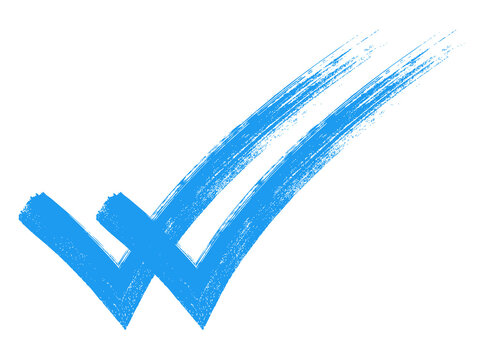 Blue double check brush icon PNG with transparent background, vibrant hand painted tick mark for forms, apps, and checklist validation