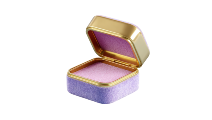 Open, square, gold-edged jewelry box, light lavender velvet interior