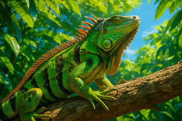 Large green iguana basking on tree branch surrounded by dense green leaves