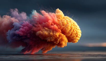 Rainbow human brain explosion, cognitive overload, creative inspiration, mental health, psychology and neurology concept