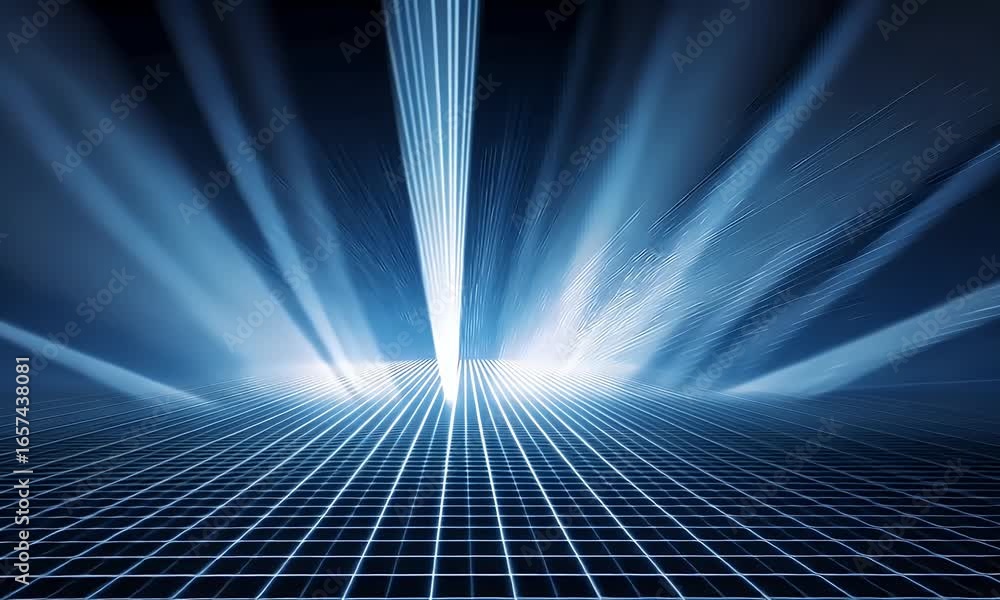 Poster abstract blue digital grid background with light rays and glow effect for technology, science or fut
