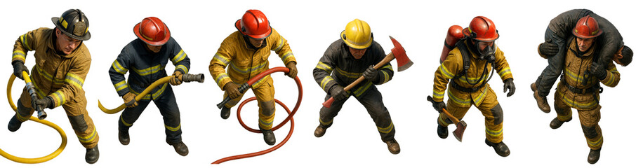 Firefighters in Action with Hoses and Equipment, Isolated on White Background