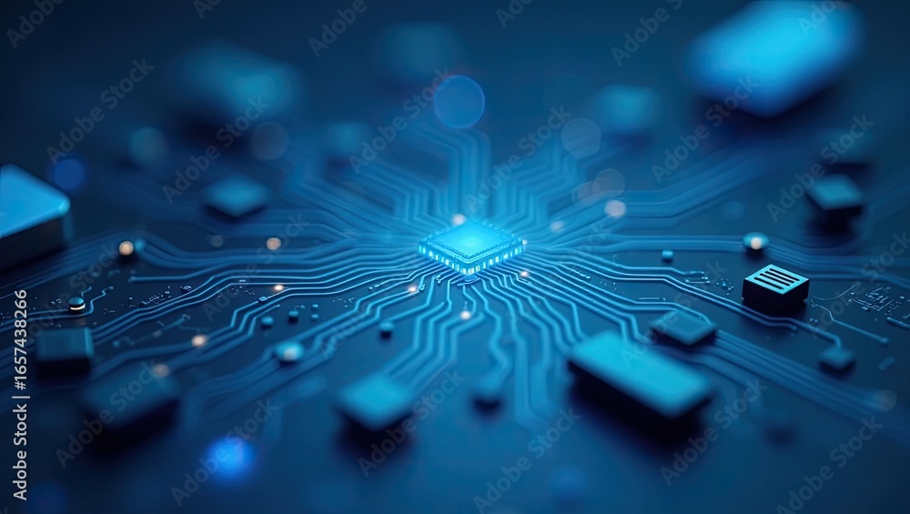 Poster close-up view of a complex circuit board with integrated circuits.