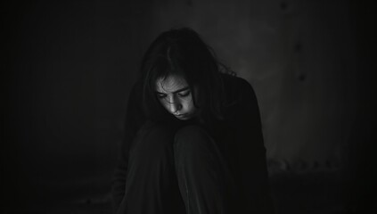 Melancholy young woman sits curled up alone within the dimly lit dark room, her face lowered in sadness, conveying a deep sense of depression and emotional isolation