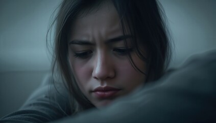 Close up portrait of the young woman showing sadness and deep thought indoors, captured within soft dim light featuring muted tones, conveying a quiet and introspective mood