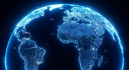 Glowing Earth at night with city lights and data connections