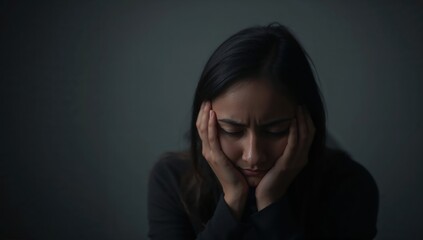 Depressed young woman sits featuring her face within her hands, eyes closed in sorrow, captured indoors under dim lighting, conveying the somber and emotional atmosphere