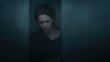 Melancholic young woman featuring downcast expression stands within dim, moody lighting, framed by shadows, conveying the sense of sadness, solitude, and quiet emotional struggle