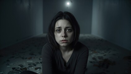 A young woman featuring the somber expression sits alone within a dimly lit, empty room scattered with debris, illuminated by a single overhead bulb, evoking a mood of isolation