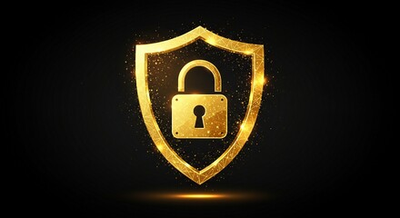 Stunning golden shield and lock symbol radiating security and protection, perfect for cybersecurity and data safety themes with a touch of luxury.