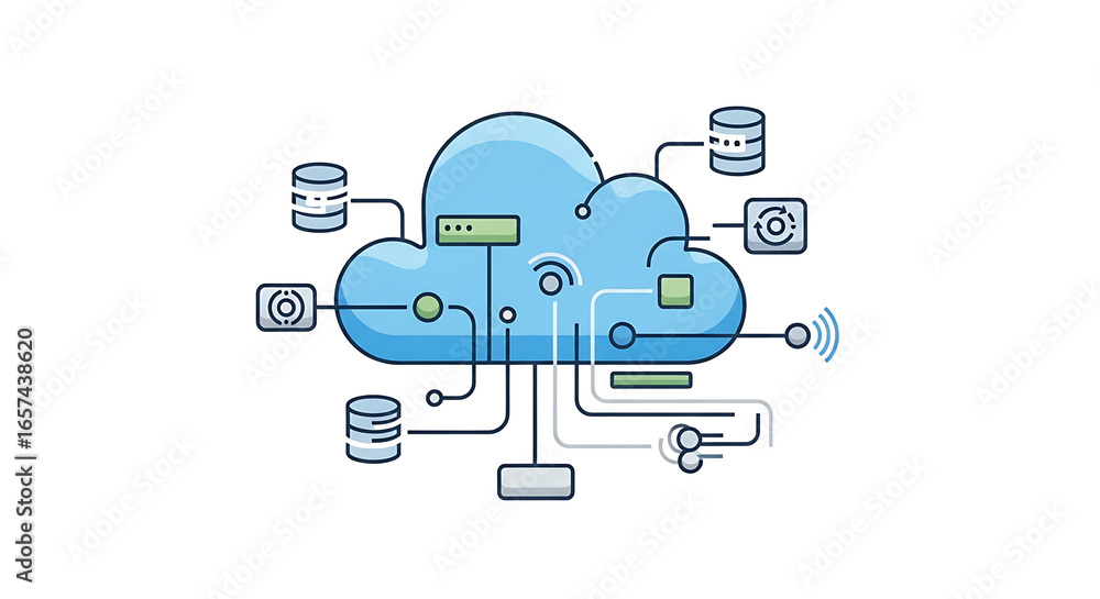 Aufkleber illustration of a cloud computing network with databases and connected devices on a white background
