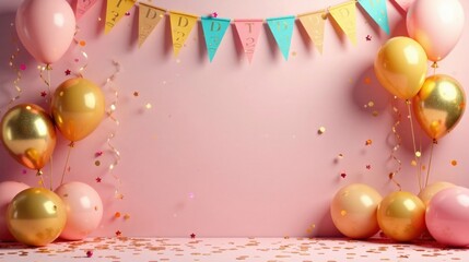 Pink and Gold Celebration Festive Balloons, Confetti, and Bunting for a Joyful Occasion