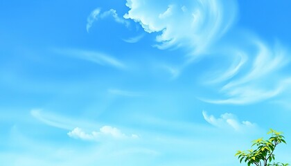 Hand-painted watercolor blue sky, vibrant daytime scene, blue, clouds