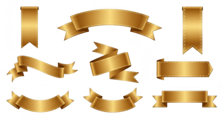 Collection of golden ribbons and banners isolated on transparent background, perfect for awards, celebrations, and luxury design elements