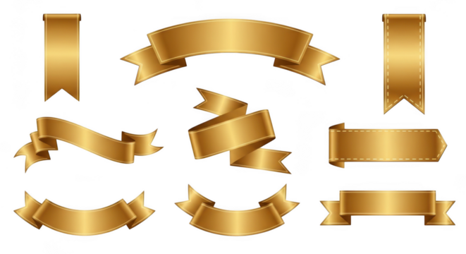 Collection of golden ribbons and banners isolated on transparent background, perfect for awards, celebrations, and luxury design elements