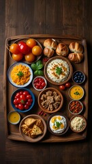 Abundant mezze platter with fresh vegetables and dips on wooden table