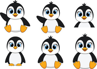 Cute cartoon baby penguin with big blue eyes, smiling happy face, sitting and standing poses, adorable playful bird, vector illustration, charming child animal character