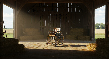 An empty, vintage wheelchair sits in the center of a rustic wooden barn, illuminated by sunlight streaming through open doors.