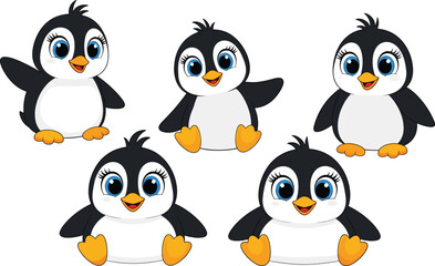 Cute cartoon baby penguin character with big blue eyes, happy smiling faces, sitting and waving poses, adorable bird vector art, playful child penguin illustrations