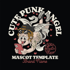 retro cartoon cute punk angel mascot holding smartphone