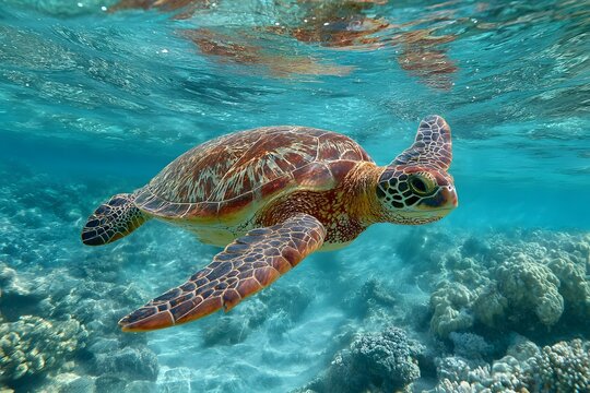 Underwater view of a sea turtle swimming above a vibrant coral reef in crystal-clear tropical waters.

