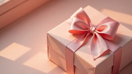 A delicately tied blush pink ribbon adorns a pale pink gift box bathed in warm sunlight, creating a serene and celebratory atmosphere.
