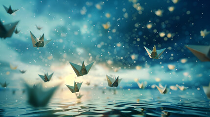 A sky raining tiny origami boats 