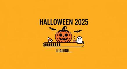Get Ready for Halloween 2025 Fun Loading Bar Design with Pumpkin, Ghost, Candy Corn, and Bats on a Yellow Background for Spooky and Festive Celebrations