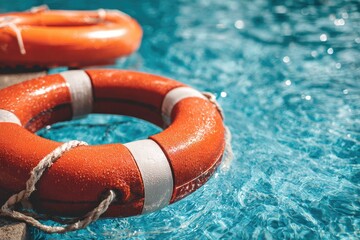 Orange life preservers in a pool