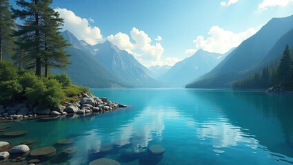 Serene mountain lake surrounded by lush greenery.