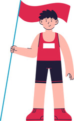 A smiling young person in athletic wear holds a red flag aloft, standing proudly.