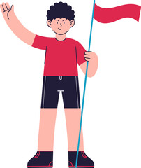 Smiling boy waves, holding a tall red flag,  casual summer attire.