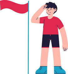 A young boy in a red shirt and blue shorts salutes next to a red flag on a pole, conveying a sense of duty or recognition.
