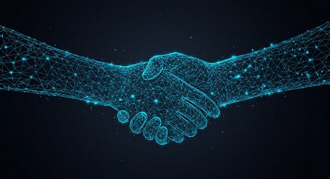 Dynamic digital handshake symbolizes global connection and modern business collaboration with glowing neon blue network lines against a dark starry background