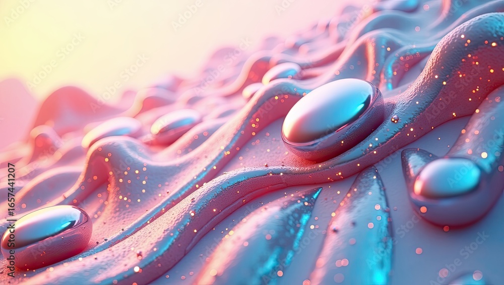 Poster abstract 3d rendering of textured surfaces with metallic spheres.