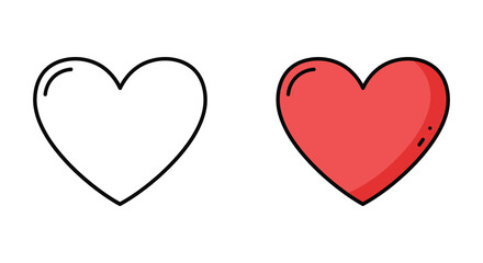 A black outlined heart and a red filled heart on a white background silhouette