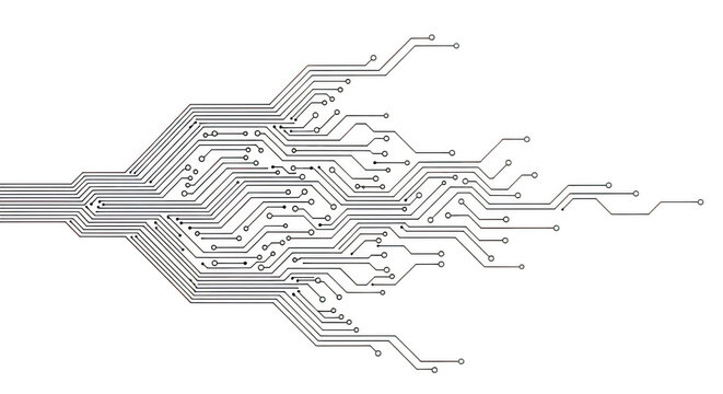 Abstract electronic circuit board with many paths and connections, isolated on transparent background