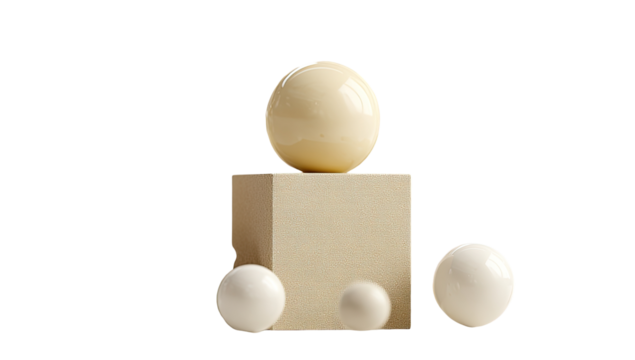 Cream-colored spheres atop a light beige cube, with additional smaller spheres at its base