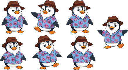 Cute cartoon penguin wearing brown hat, blue floral Hawaiian shirt, various happy poses, summer vacation theme, playful character, adorable bird illustration, tropical style, vector art collection