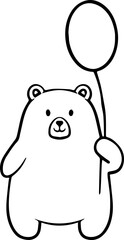 A cute, cartoon-style polar bear illustration holding a round balloon on a string, outlined in black on a white background.